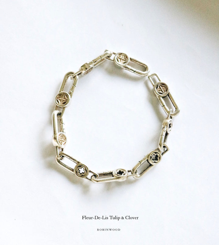 LIMITED COLLECTION'S " FLUER-DE-LIS TULIP CHARM BRACELET " OPEN-CLOSE DESIGN, ROBINWOOD MASTERPIECE