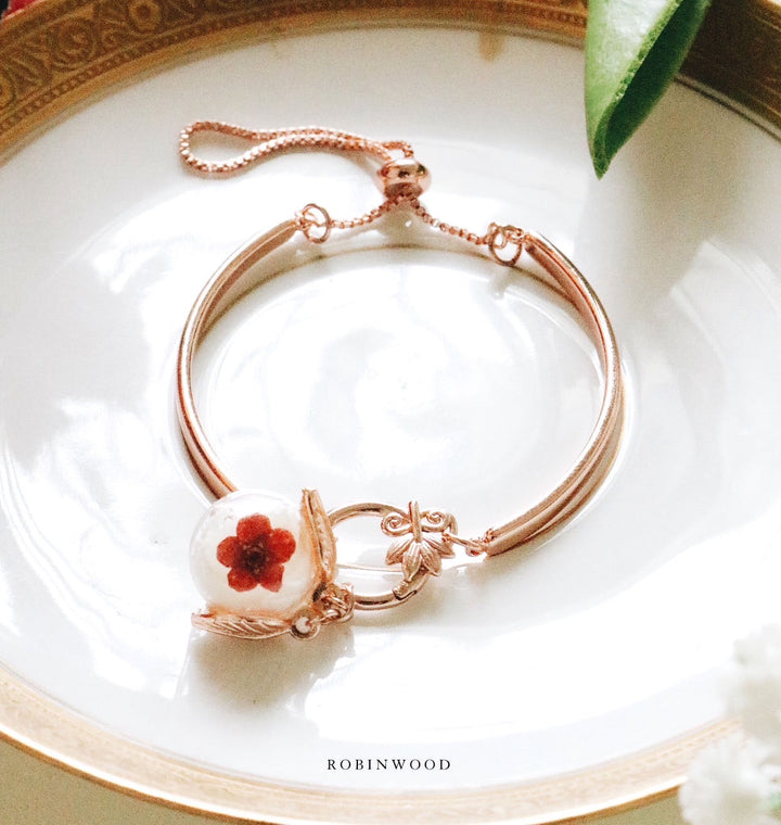 " Limited Collection's " Tulip Red Heliotrope Flower and King & Queen Cuff Bracelet Design, Robinwood, Adjustable Size