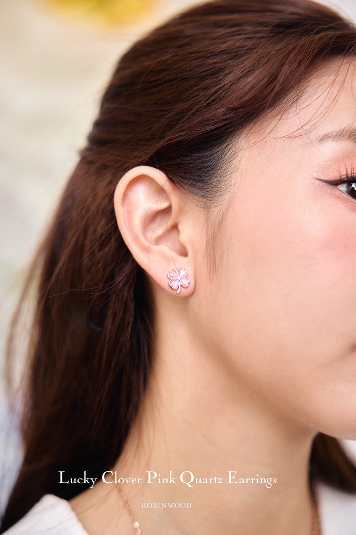 LIMITED COLLECTION " ROSE QUARTZ LUCKY CLOVER   PINK GOLD EARRINGS" SERIES, ROBINWOOD MASTERPIECES