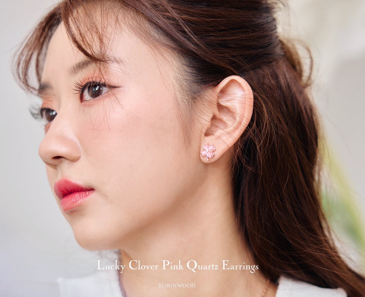 LIMITED COLLECTION " ROSE QUARTZ LUCKY CLOVER   PINK GOLD EARRINGS" SERIES, ROBINWOOD MASTERPIECES