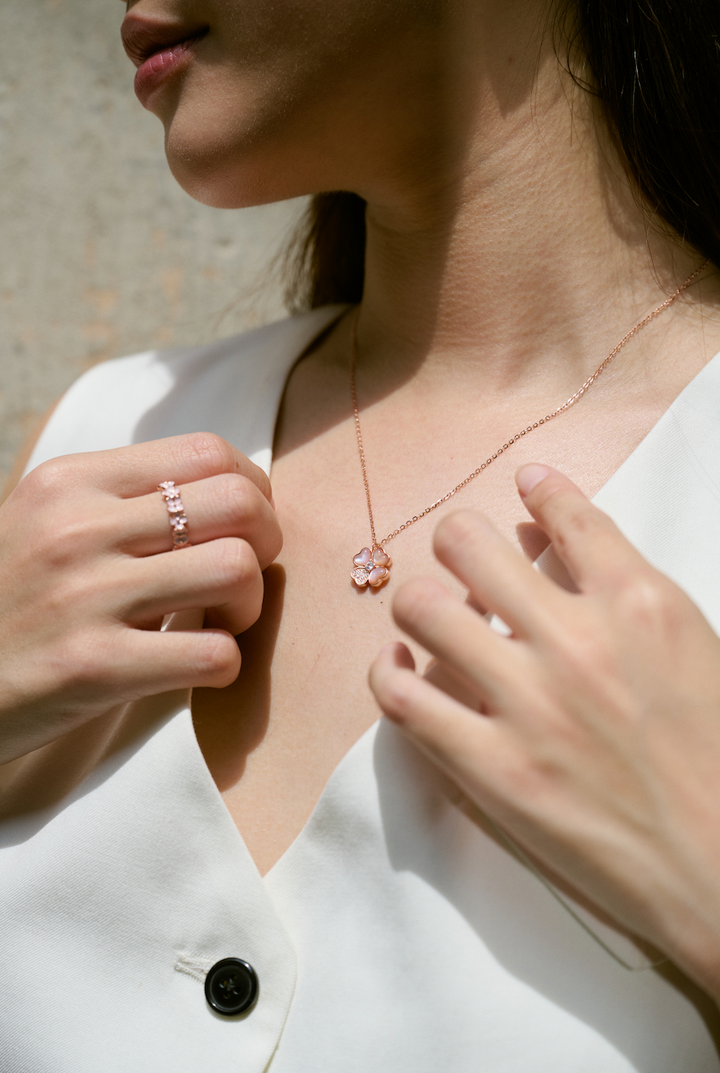 Limited Collection's " PAVE Pink Mother Of Pearl Clover " Necklace, Robinwood