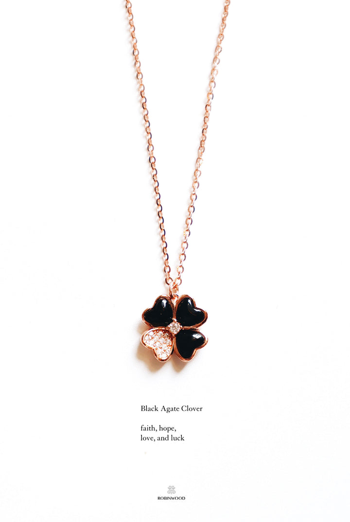 Limited Collection's PAVE Black Agate Clover Necklace, 14-18 Inches Adjustable Size