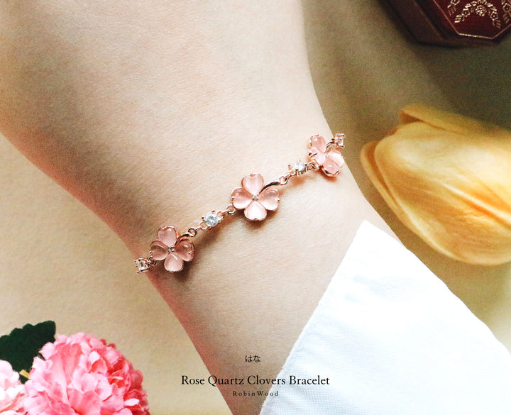 Limited Collection's Rose Gold PAVÉ Quartz Clover Bracelet, Adjustable Size, RobinWood