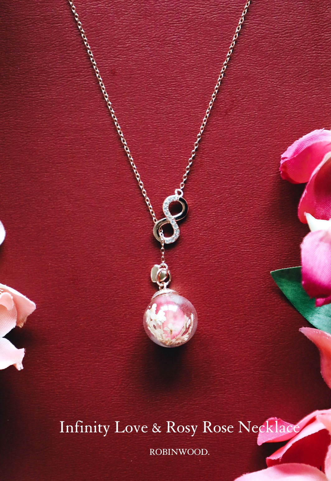 LIMITED VALENTINE COLLECTION'S " INFINITY LOVE & ROSY ROSE Adjustable size NECKLACE, ROBINWOOD MASTERPIECES