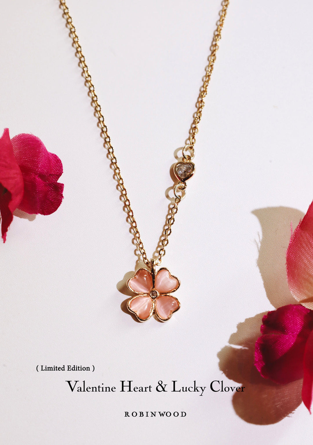 Limited Clover Collection " Pave Heart & Pink Quartz Lucky Clover Necklace, Robinwood