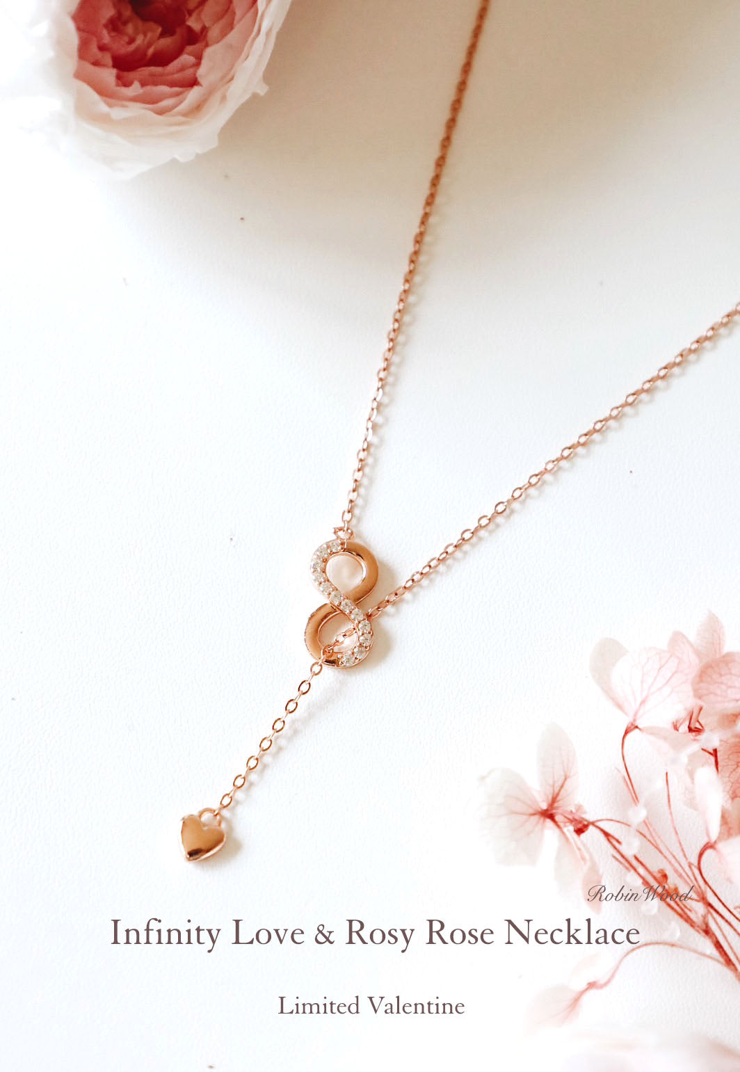 LIMITED VALENTINE COLLECTION'S " INFINITY LOVE & ROSY ROSE Adjustable size NECKLACE, ROBINWOOD MASTERPIECES