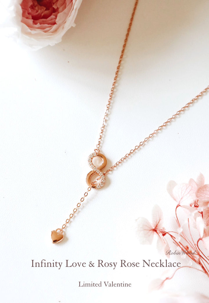 LIMITED VALENTINE COLLECTION'S " INFINITY LOVE & ROSY ROSE Adjustable size NECKLACE, ROBINWOOD MASTERPIECES