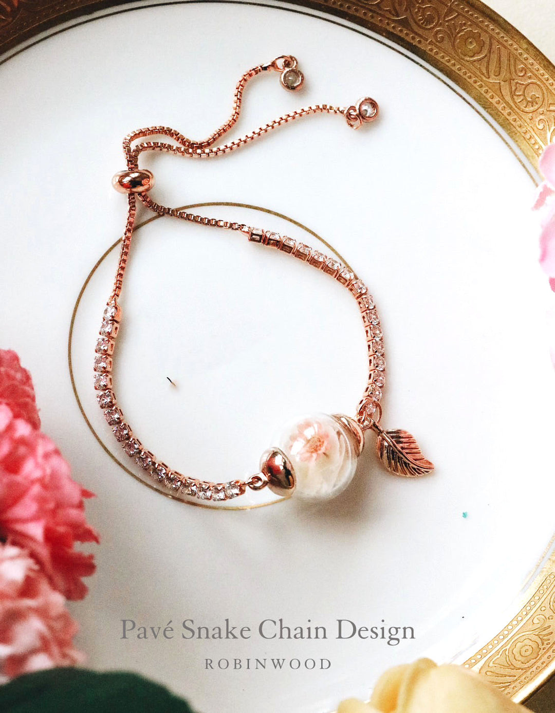 October Collection's " Pavé Snake Chain & Sakura In Winter Design, Robinwood, Adjustable Size