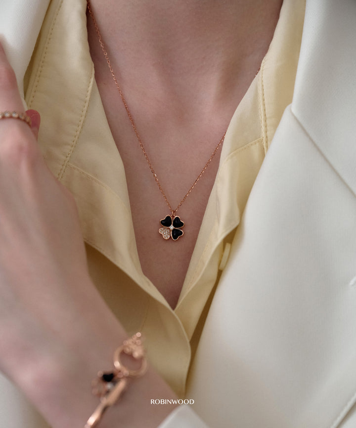 Limited Collection's PAVE Black Agate Clover Necklace, 14-18 Inches Adjustable Size