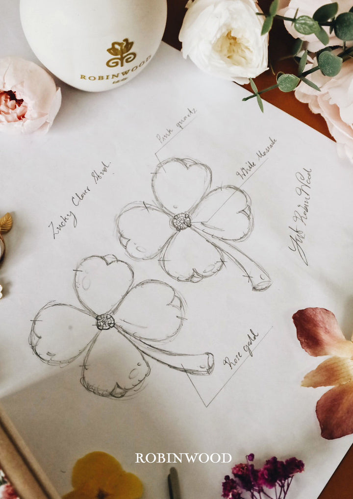 LIMITED COLLECTION " ROSE QUARTZ LUCKY CLOVER   PINK GOLD EARRINGS" SERIES, ROBINWOOD MASTERPIECES
