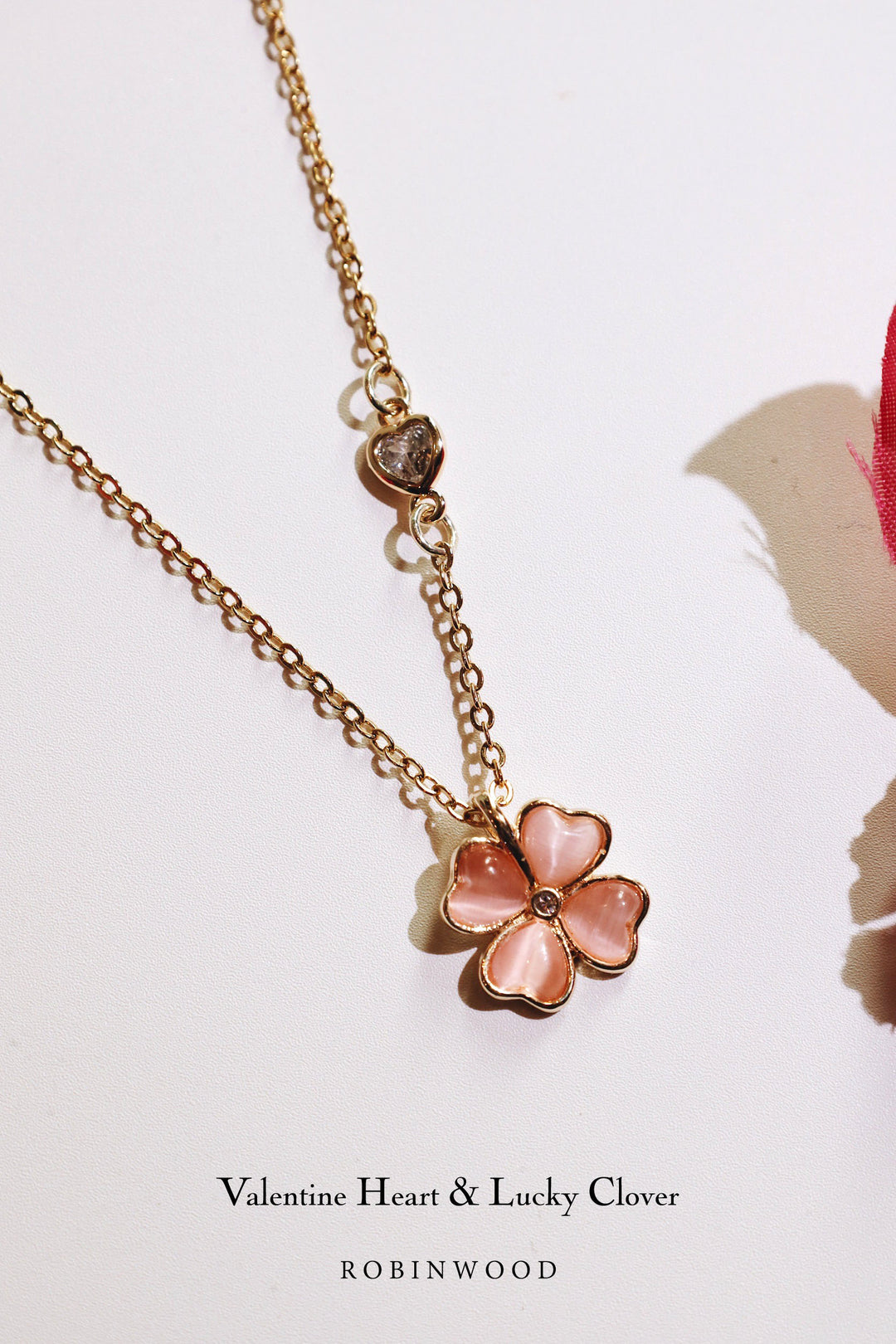 Limited Clover Collection " Pave Heart & Pink Quartz Lucky Clover Necklace, Robinwood