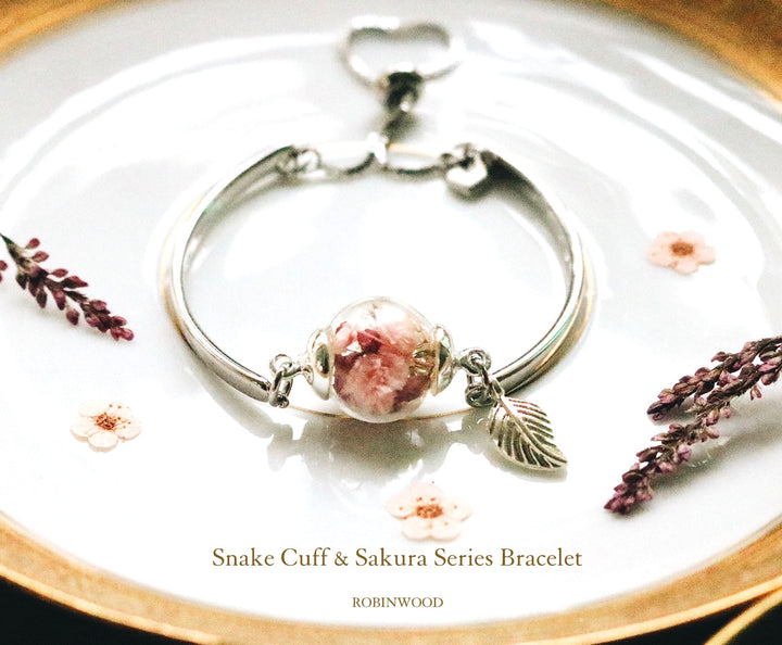 " March Collection's " Sakura Flower & Snake Cuff Stlerling Silver Bracelet, Adjustable Size, Robinwood