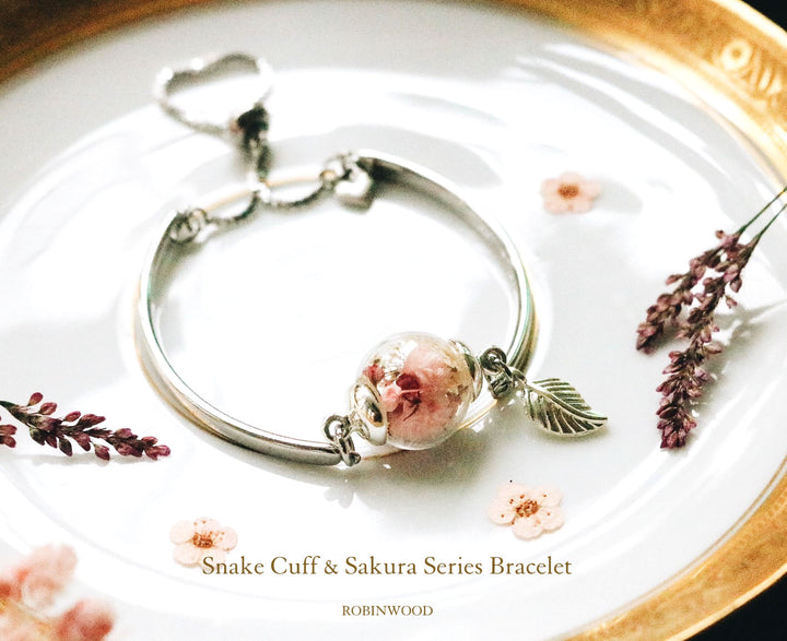 " March Collection's " Sakura Flower & Snake Cuff Stlerling Silver Bracelet, Adjustable Size, Robinwood