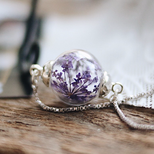 Bracelet - 93k Oliver Violet Flower, Queen Anne Lace, silver chain adjustable - robinwood