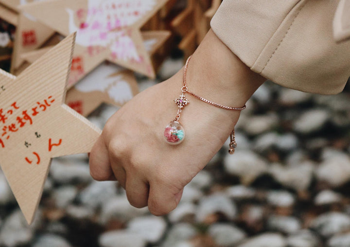 The concept of snowflake “ Victorian Snowflake rosegold snake rosegold adjustable bracelet design with custom flower, robinwood, pink coral leaf, ของขวัญที่ออกแบบเองได้