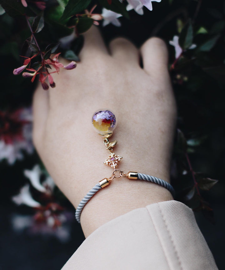 Gold Snowflack & Grey Satin leather blend Gold design with Violet bloom leaf, Yellow Sunflower leaf adjustable bracelet