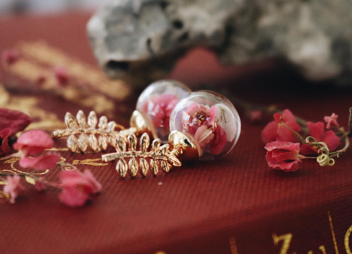 14K Gold leaf with Pink Coral Vine flower Blending, Feel the Wind Pink London Bloom, Robinwood. gift for her