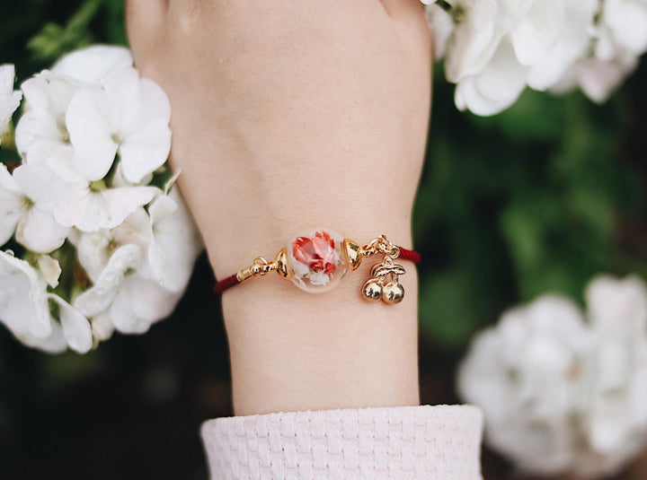 Red Satin Leather with Red rose blending white flower adjustable bracelet, robinwood, gift for her