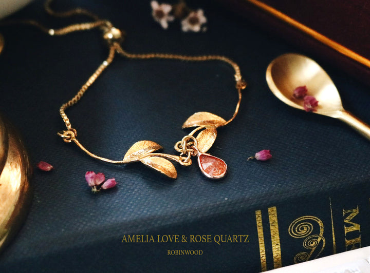 14K Amelia Love Forest & Rose Quartz Stone Snake Chain Bracelet, Robinwood, Masterpieces Design, Gift For Lovely One