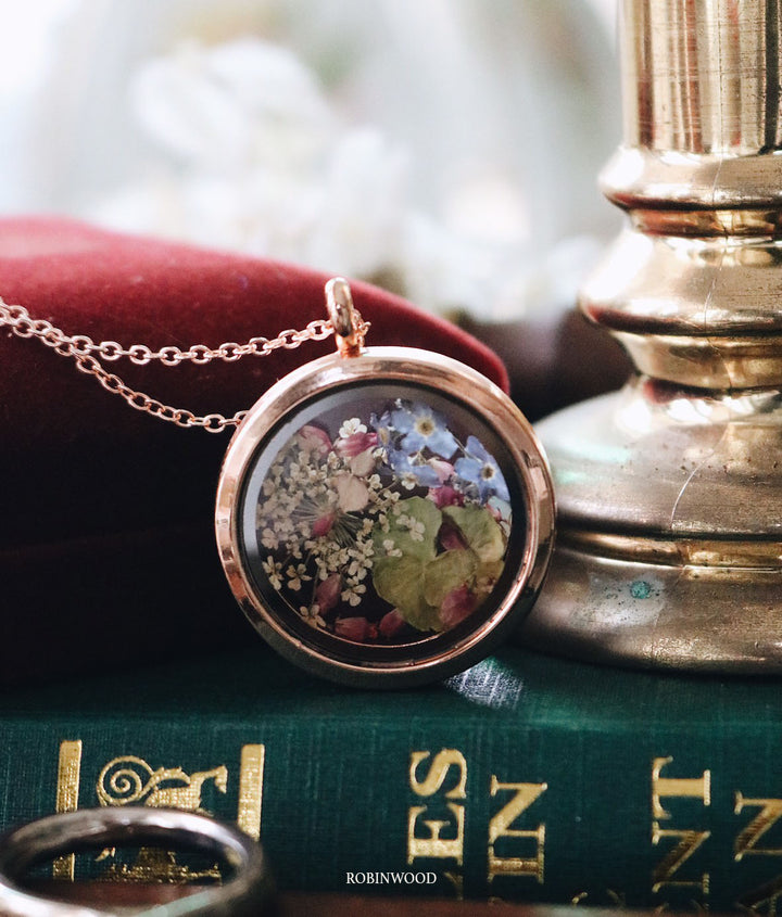Pony White Bloom & Little Blue Sky day Forest Rose Gold Locket Necklace Design, Robinwood, Blue For Get Me Not, Pink Heather Flower, Gift For Her, Mother Day