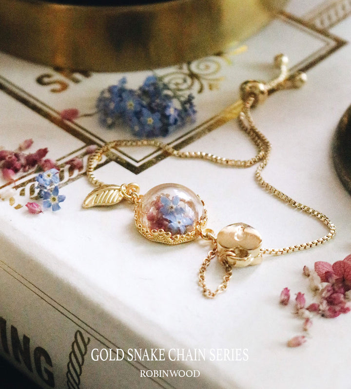 " August Collection " Heaven Forest Series, Brass Custom design, Gold snake Chain & Ocean Sea Satin Bracelet