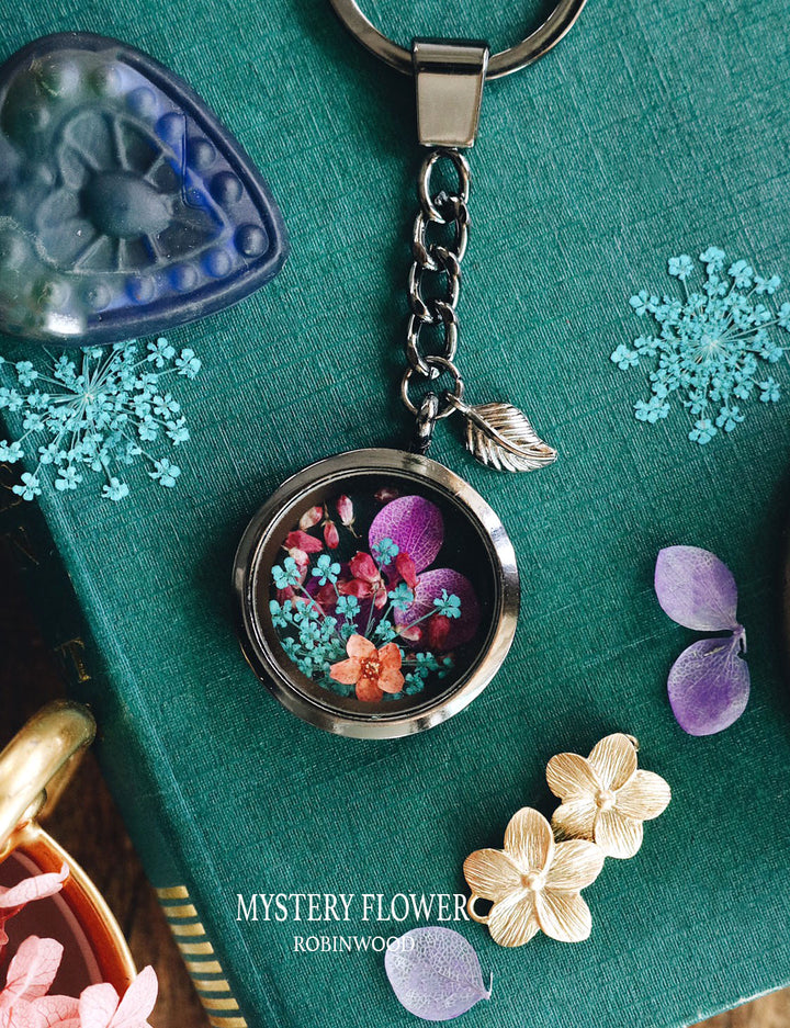 " December Collection's " Mystery Flower Design, Black Locket Keychain, Robinwood