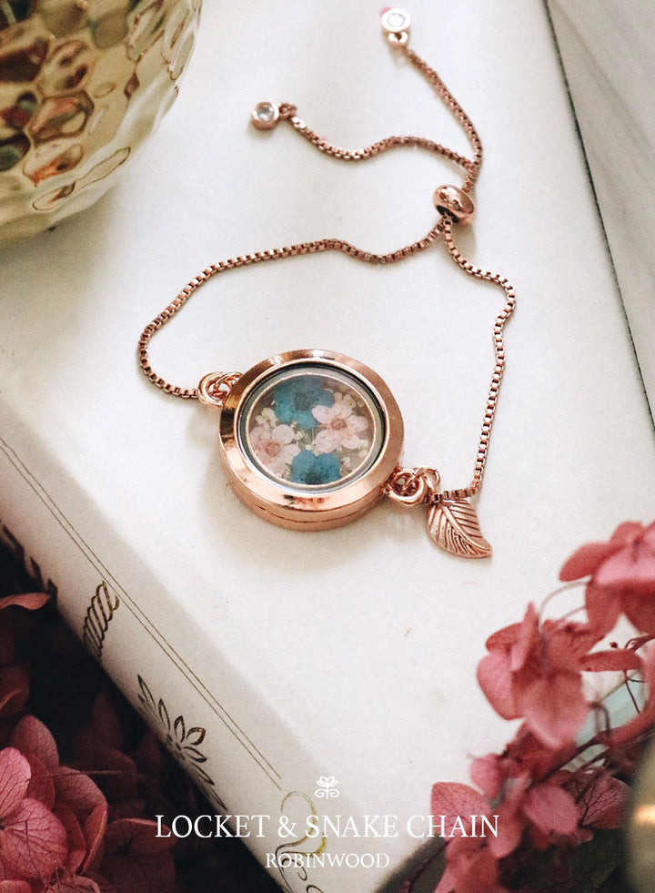 " September Collection's " Rosegold Locket & Snake Chain Series, Pink & Blue Heliotrope Flower, Robinwood