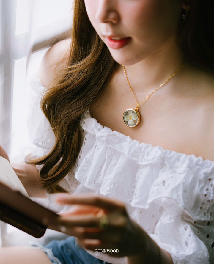 14 K Gold " The story of White Jasmin Dry flower" & Gold Locket Necklace, Robinwood, Masterpice, yut sila, Gift For Her