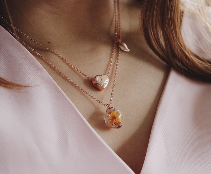 14 K Rosegold set with Two Necklace combine Yellow Freesia flower, Heart totem design with leaf on the right necklace, gifts, classic wearing everyday, robinwood