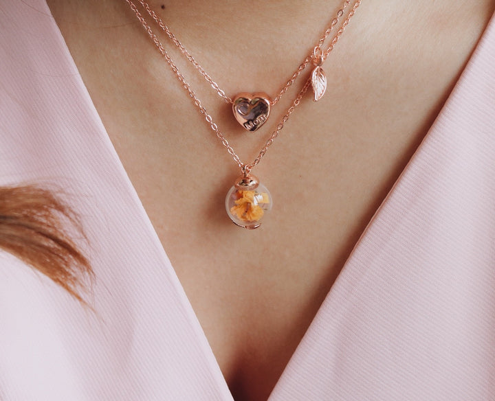 14 K Rosegold set with Two Necklace combine Yellow Freesia flower, Heart totem design with leaf on the right necklace, gifts, classic wearing everyday, robinwood