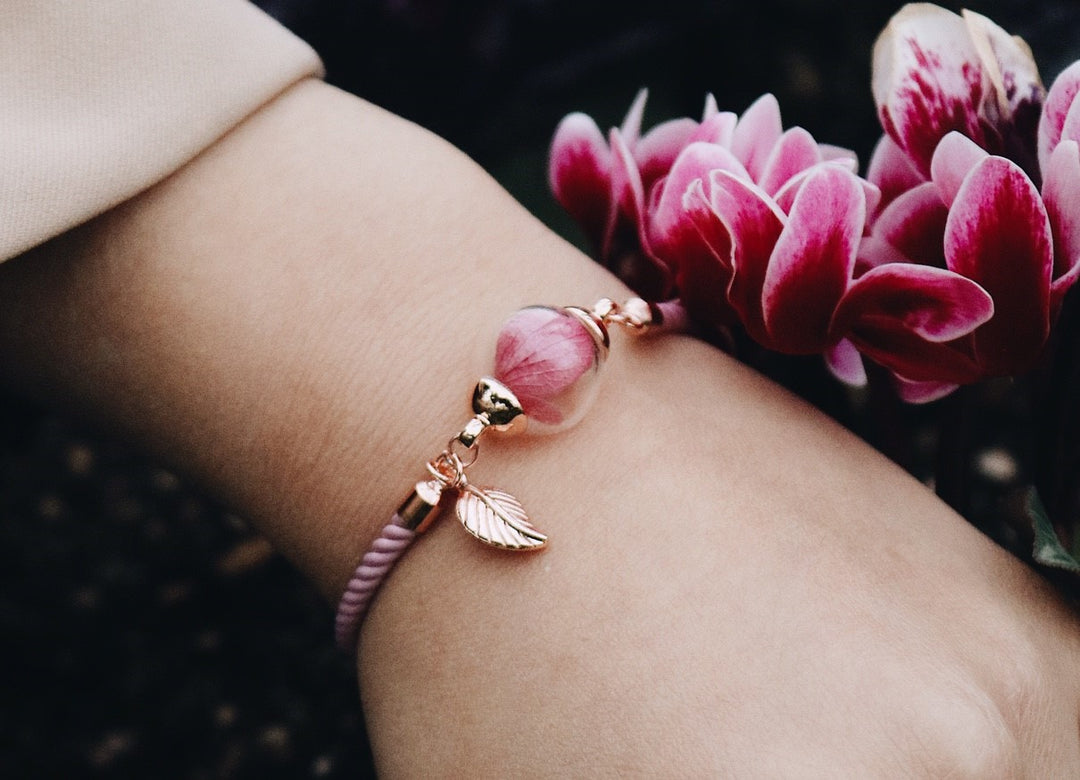 Pony Pink Satin leather ( Rare color ) with Light Pink Hydrangea flower adjustable bracelet