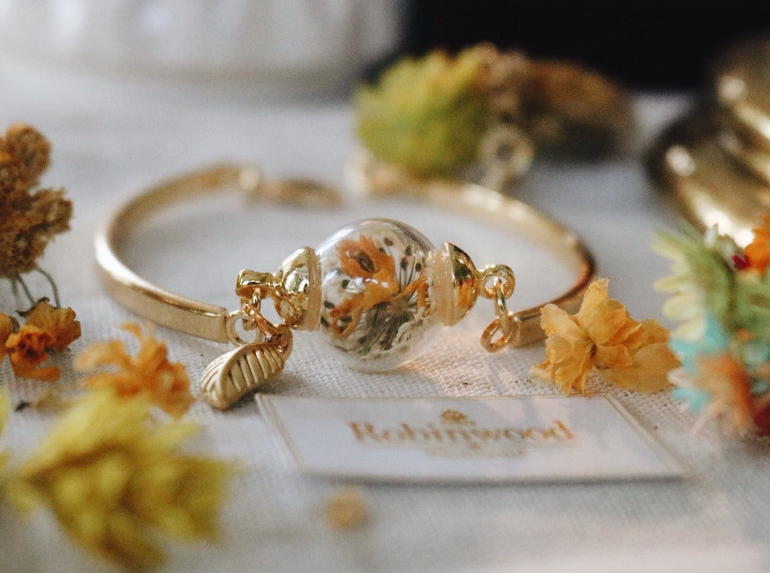 Yellow Sun flower design art blending with white queen anne lace 14K gold cuff adjustable bracelet, Gifts, Robinwood, Elegant crafts