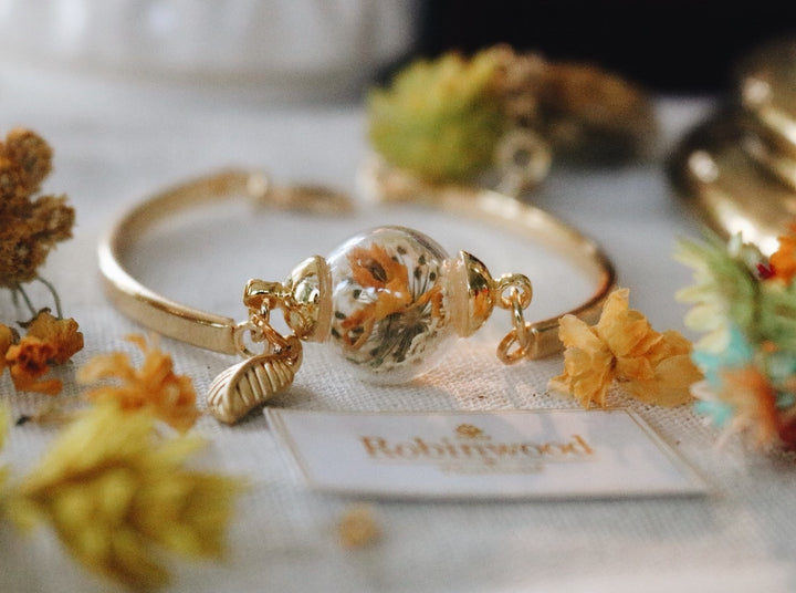 Yellow Sun flower design art blending with white queen anne lace 14K gold cuff adjustable bracelet, Gifts, Robinwood, Elegant crafts
