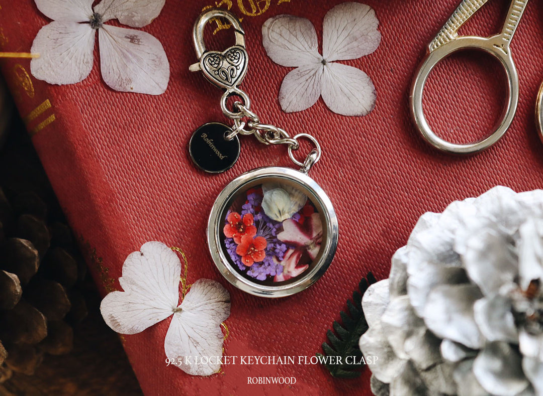92.5 K Locket Keychain, Red Heliotrope & Violet Vernaba Forest Design Locket flower Clasp, Robinwood
