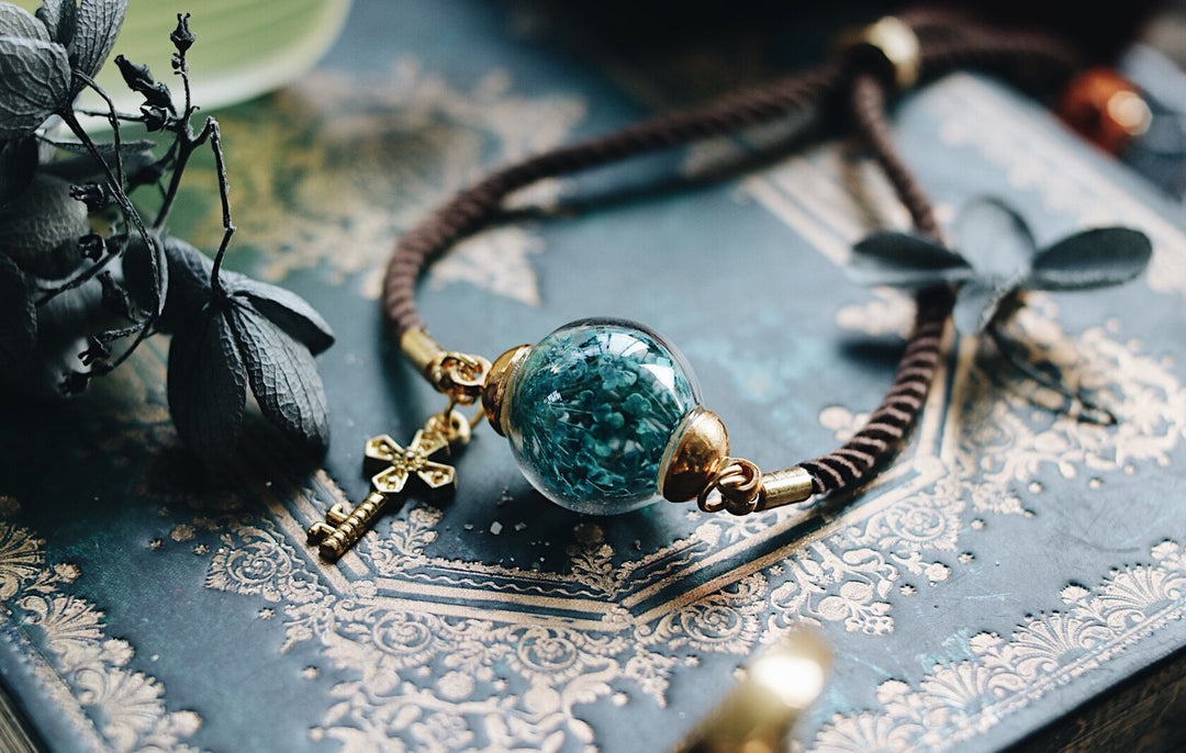 Brown Satin leather bracelet, Blue Queen Anne Lace flower, Adjustable, gold key pendant, robinwood, gift, thailand jewelry - robinwood