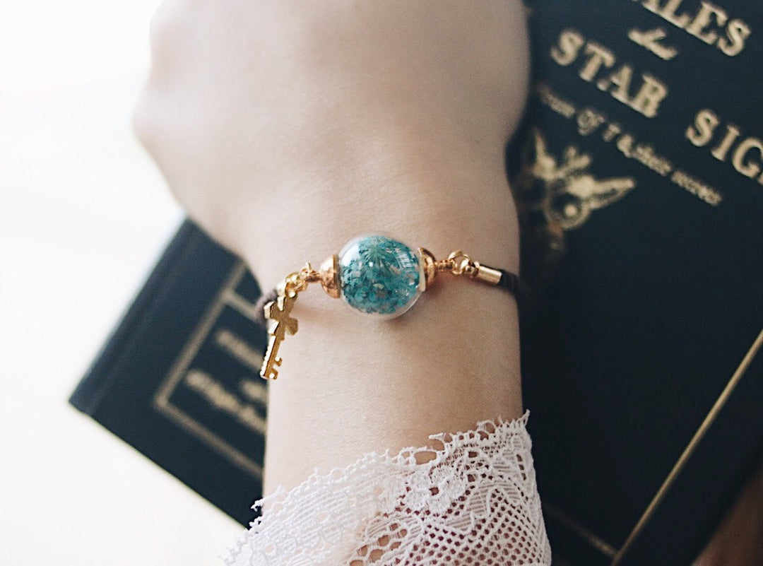 Brown Satin leather bracelet, Blue Queen Anne Lace flower, Adjustable, gold key pendant, robinwood, gift, thailand jewelry - robinwood