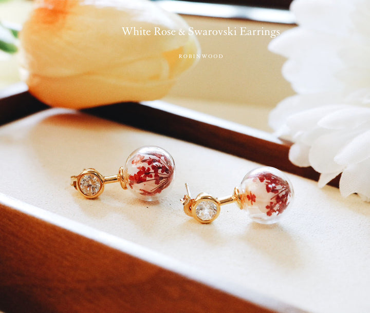 Valentine Limited Collection's " White Rose & Red Queen Anne" Adaline Swarovski Earrings, Robinwood