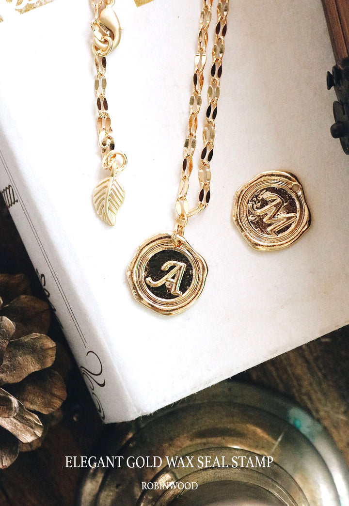 14 K Elegant Gold Wax Seal Stamp, Design Your Classic Letter A - Z Necklace, Robinwood, The Story of Gold Gift Box