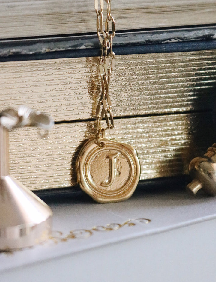 14 K Elegant Gold Wax Seal Stamp, Design Your Classic Letter A - Z Necklace, Robinwood, The Story of Gold Gift Box