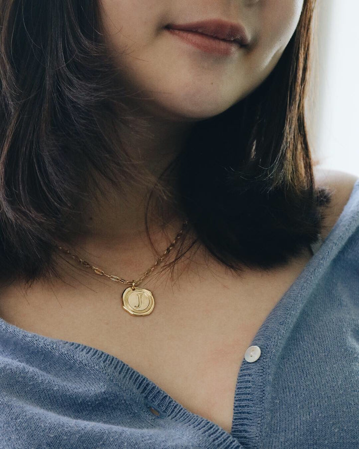 14 K Elegant Gold Wax Seal Stamp, Design Your Classic Letter A - Z Necklace, Robinwood, The Story of Gold Gift Box