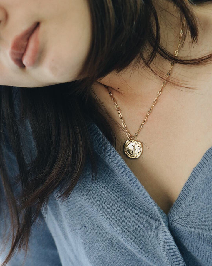 14 K Elegant Gold Wax Seal Stamp, Design Your Classic Letter A - Z Necklace, Robinwood, The Story of Gold Gift Box