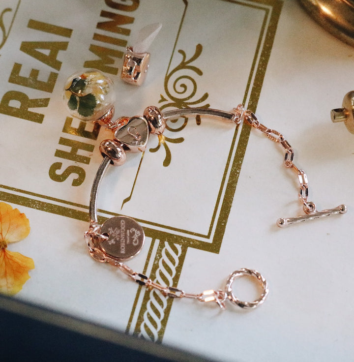 Special Craft April : 92.5 K Rosegold Cuff Heart Key design with Yellow lilac, Green Holly leaf, Robinwood, Master Piece art blending, Yut sila