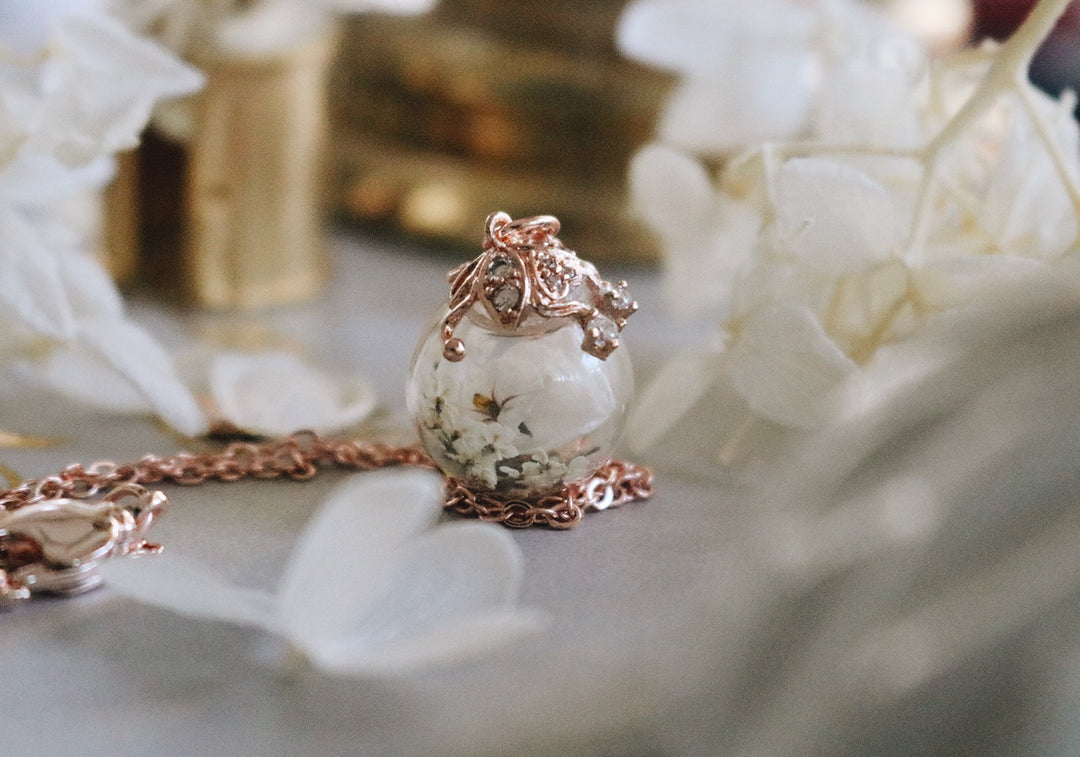 Warm White Holly Flower & Rosegold Crown Edition Necklace Design, Robinwood, master piece, Art Design, gift for Her