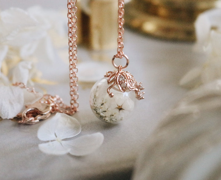Warm White Holly Flower & Rosegold Crown Edition Necklace Design, Robinwood, master piece, Art Design, gift for Her