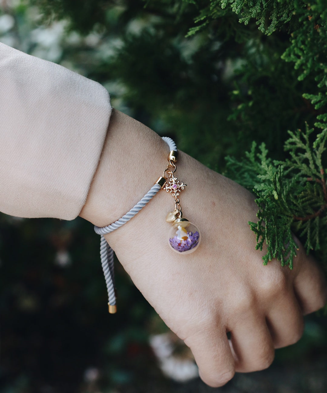 Gold Snowflack & Grey Satin leather blend Gold design with Violet bloom leaf, Yellow Sunflower leaf adjustable bracelet