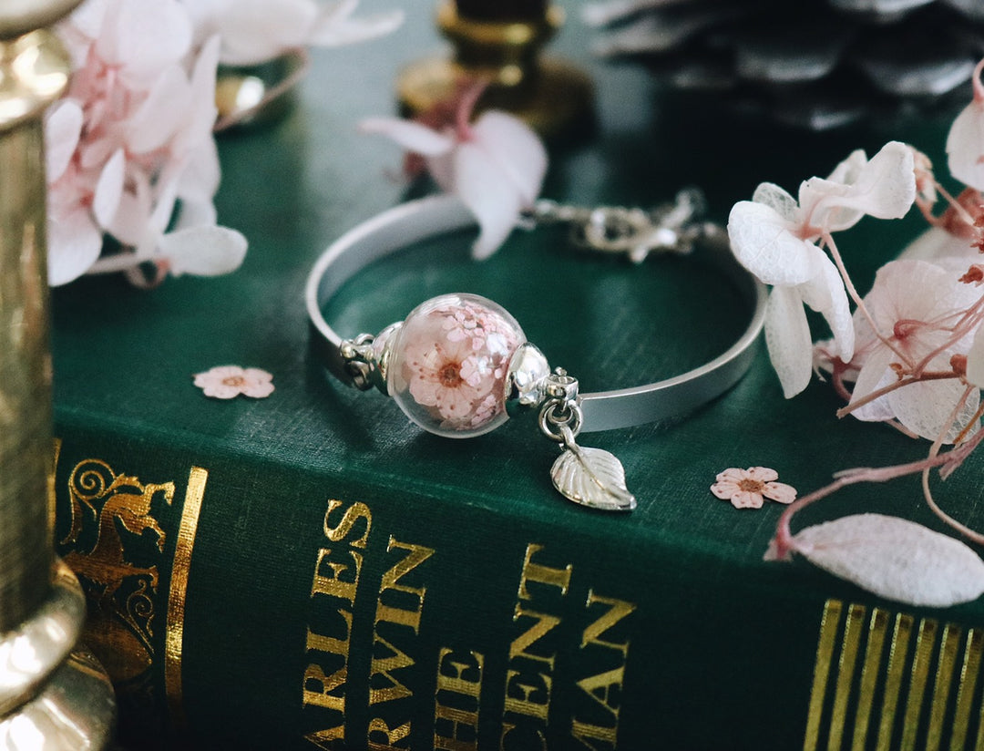 " Pink Classic Forest  Dream " & 92.5 K Sterling Silver Cuff Bracelet, Robinwood, Yut sila, Classic flower Design, Gift for Her