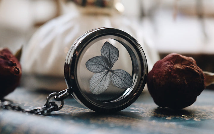 Black Forest With the Story of " Black Rare Hydrangea ", Metallic Black Locket Necklace, Gift For Men, Robinwood, Yut Sila, Art Design