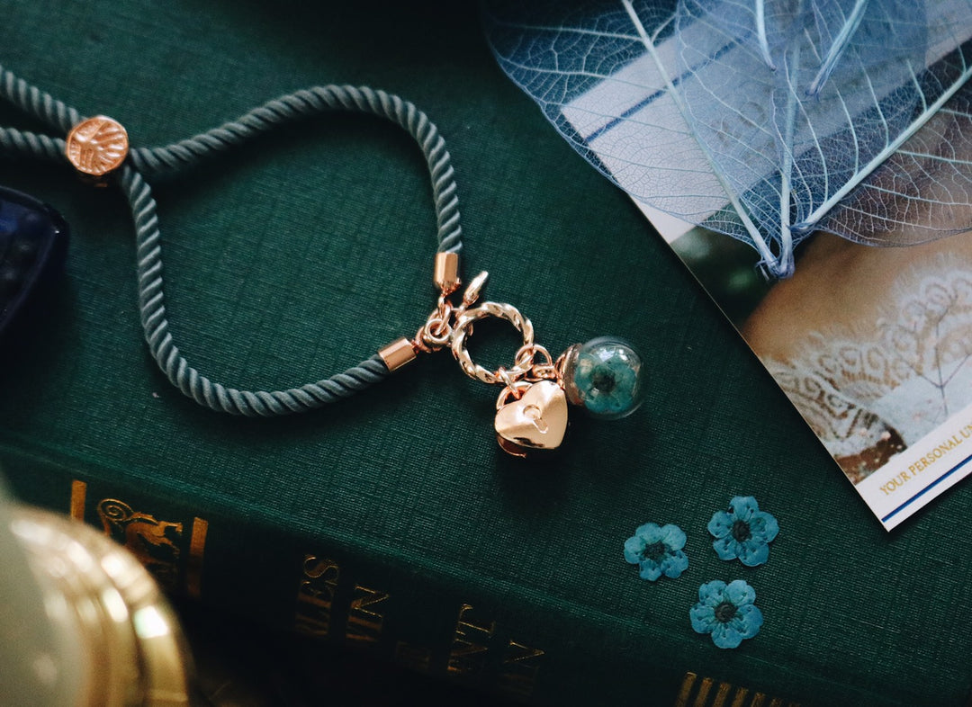 14K Rosegold Classic Heart Love & Blue Heliotrope Flower Design, Ocean Sea Satin leather Bracelet, robinwood, Yut sila, ผลงานที่ออกแบบเอง, Unique Design