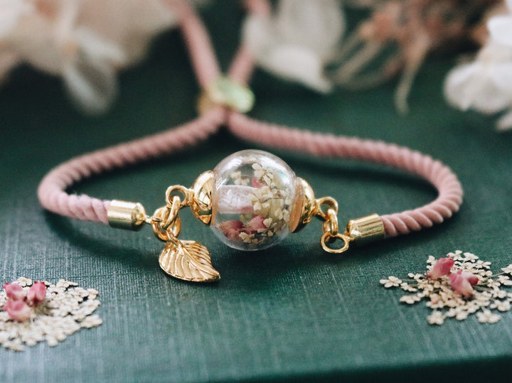 14K Gold Pony Pink Satin Leather, The Story of " Warm Heather Flower embrace White Garden " Blending, adjustable Bracelet, Yut sila, Gift For Her, ผลงานที่ออกแบบเองได้, Robinwood