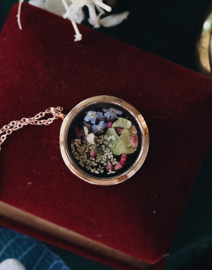 Pony White Bloom & Little Blue Sky day Forest Rose Gold Locket Necklace Design, Robinwood, Blue For Get Me Not, Pink Heather Flower, Gift For Her, Mother Day